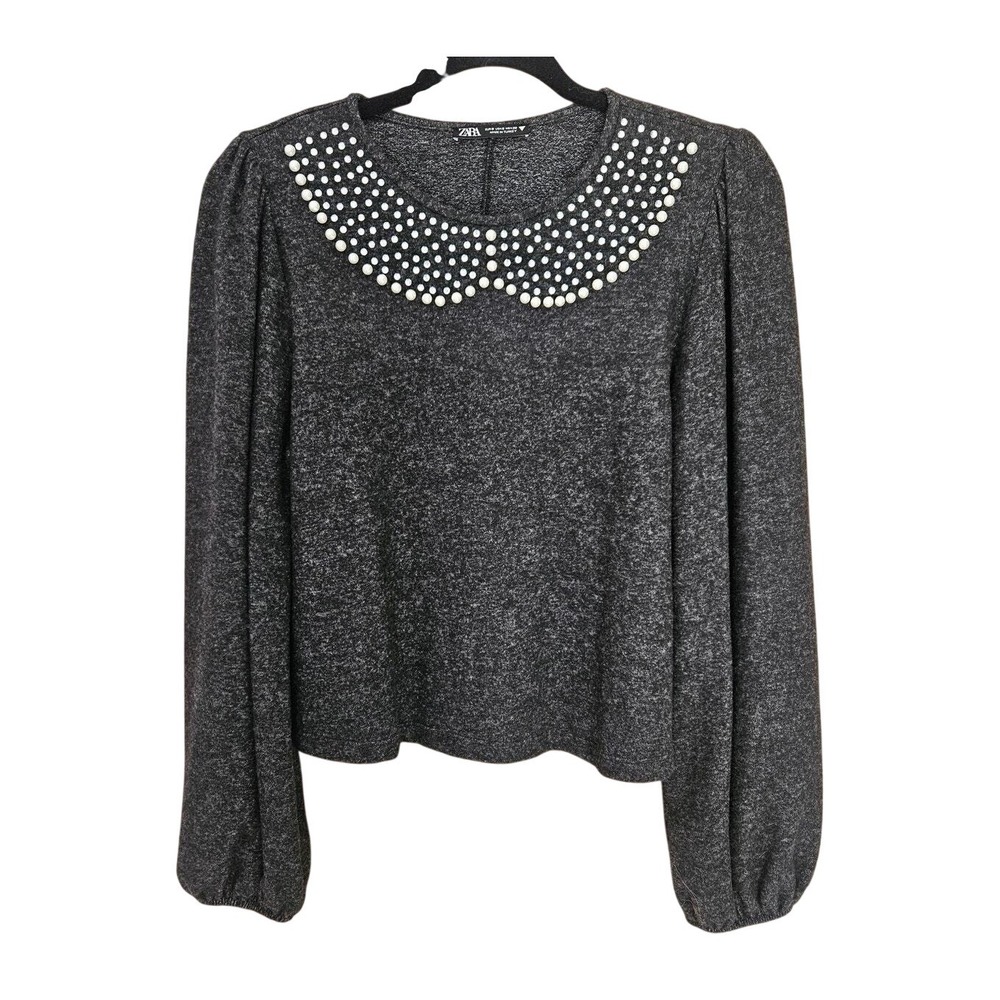 Zara Gray Pearl Beaded Neckline Sweater Women's Small